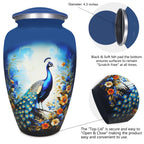 Decorative urns revealing a threaded closure and polished finish, blending blue peacock beauty with lasting tribute