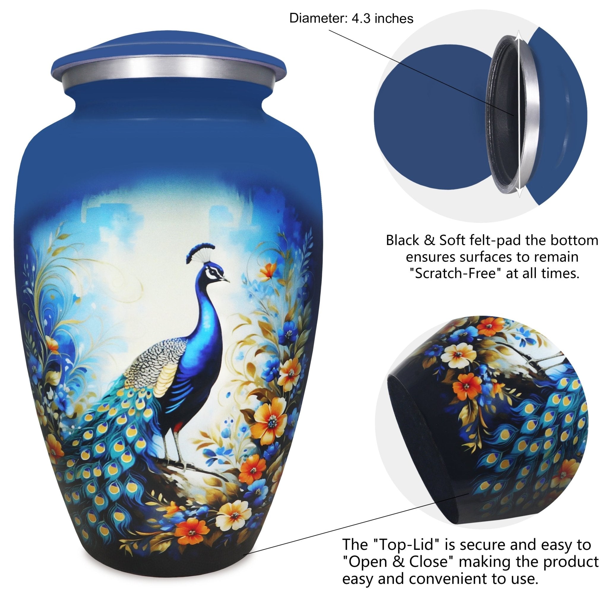 Decorative urns revealing a threaded closure and polished finish, blending blue peacock beauty with lasting tribute
