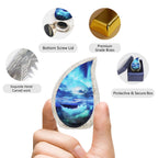Palm sized ocean wave brass miniature cremation urn with labeled accessory details including screw lid and storage gift box