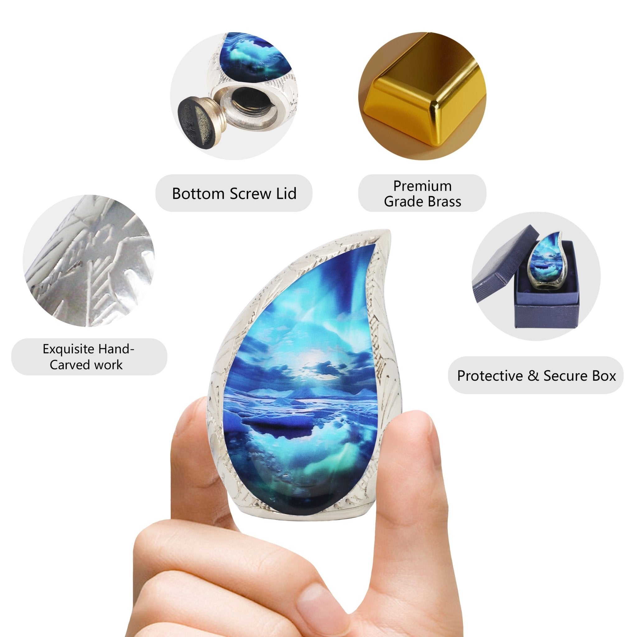 Palm sized ocean wave brass miniature cremation urn with labeled accessory details including screw lid and storage gift box