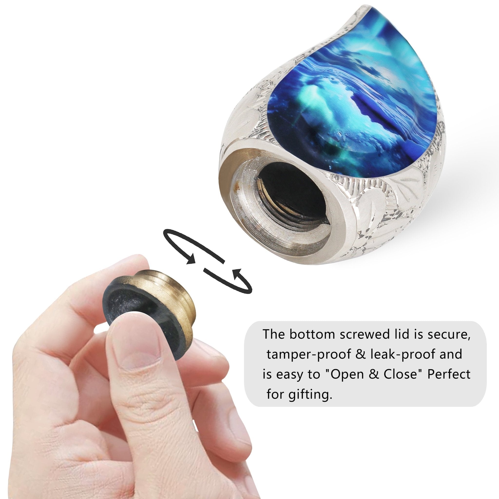 Rotatable threaded bottom lid demonstration for ocean print brass small urn, easy twist design to fill human memorial ashes
