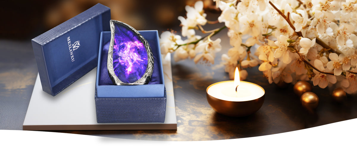 Amethyst Urn for Ashes – Cosmic Galaxy Full Size Urn, Brass Keepsake & 3 Mini Urns | MEILINXU — A Meaningful Memorial for Home or Niche