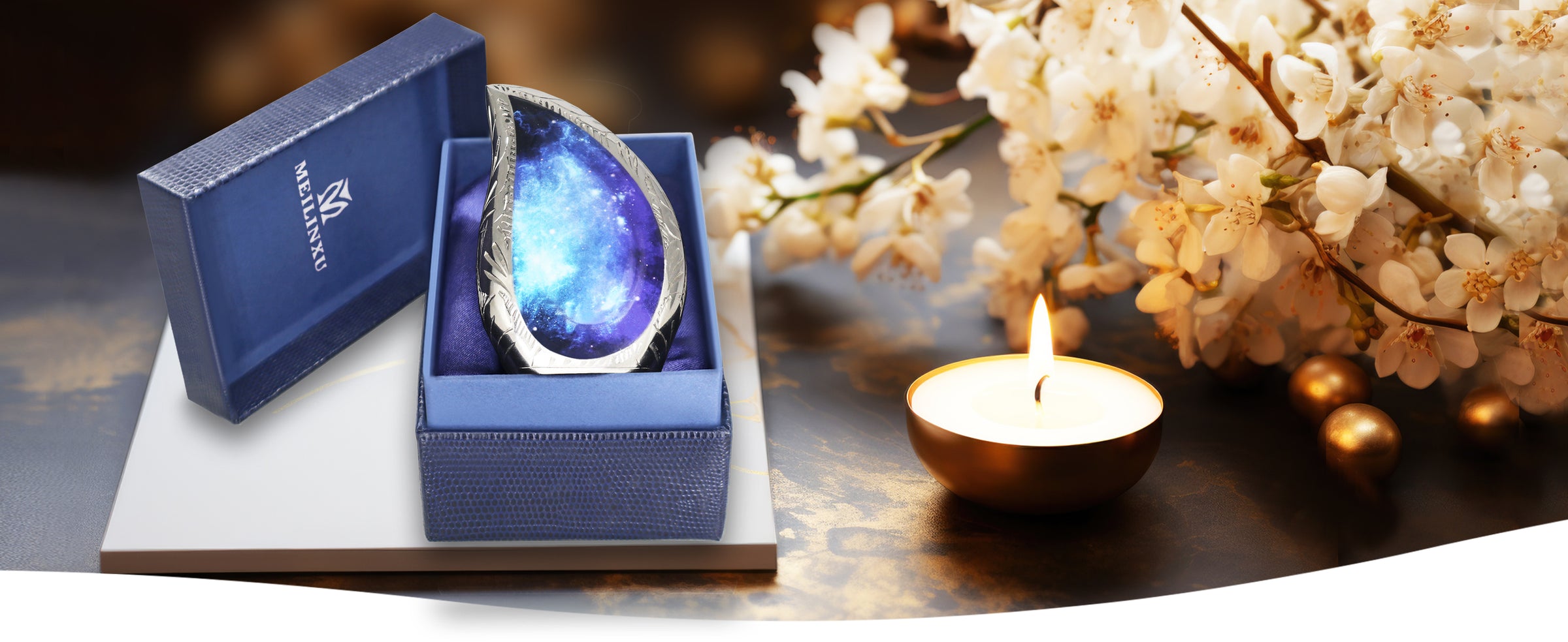 Black and Blue Galaxy Urn – Cosmic Tear Drop Adult Urn, Brass Keepsake & Set of 3 | MEILINXU — A Meaningful Memorial for Home or Niche