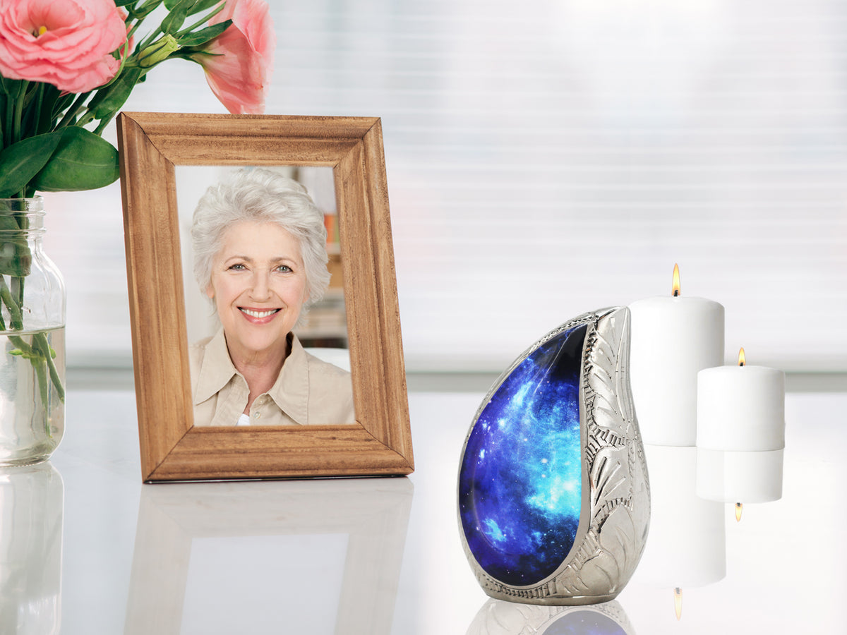Black and Blue Galaxy Urn – Cosmic Tear Drop Adult Urn, Brass Keepsake & Set of 3 | MEILINXU — Made for Lasting Remembrance