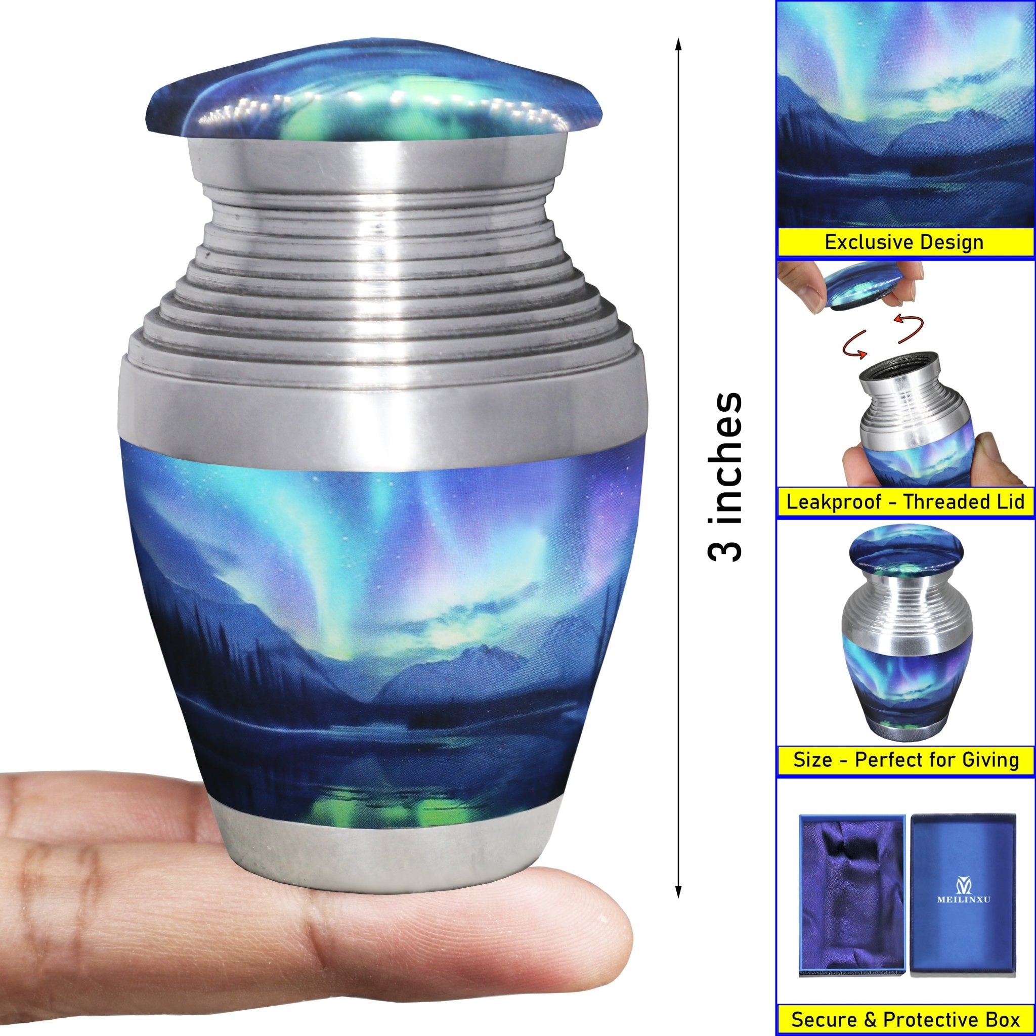 Mini cremation urn with Northern Lights design, compact 3-inch size guide and secure screw-top lid