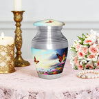 Small urns for human ashes with butterfly flower sky design, mini keepsake cremation urn with threaded seal lid for home