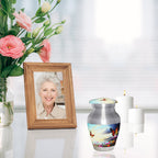 Cremation urns with butterflies flowers sky pattern, tiny memorial ash urn with lid, displayed with photo frame and candles