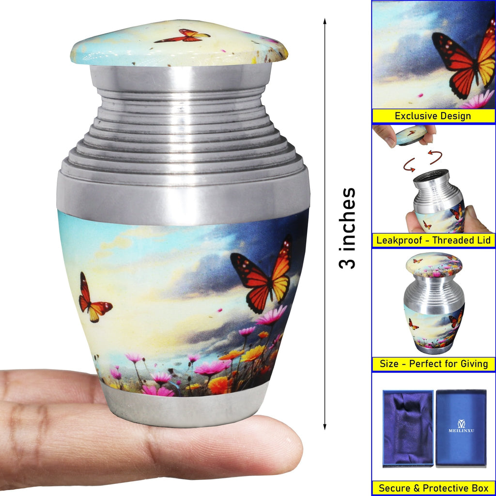 Miniature keepsake urns with sky butterfly artwork, tiny screw top memorial urn, hand held size display for human ash storage