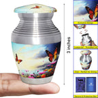 Miniature keepsake urns with sky butterfly artwork, tiny screw top memorial urn, hand held size display for human ash storage