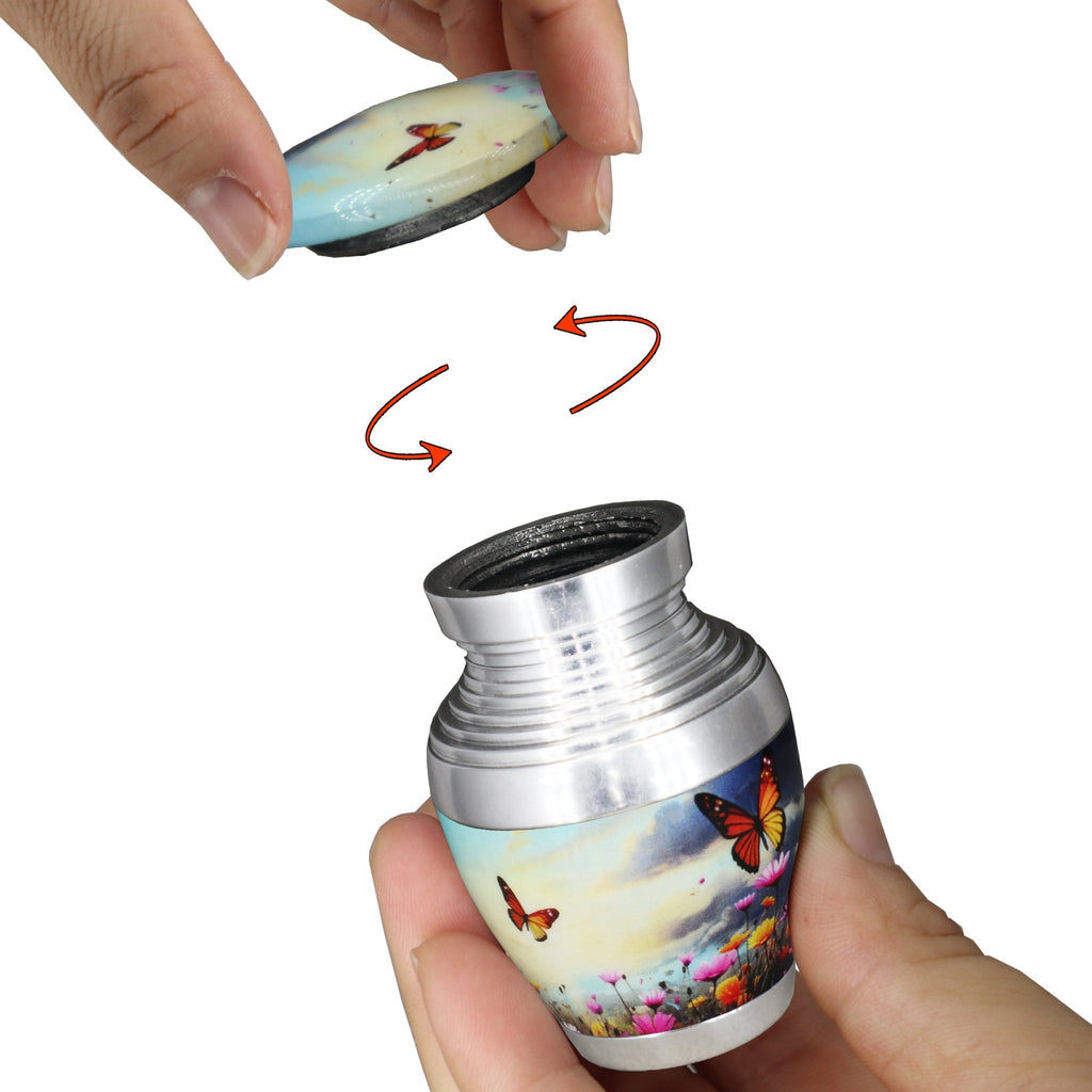 Urns for cremated remains with sky butterflies flowers pattern, mini sealable ash urn with screw lid, easy to open and close