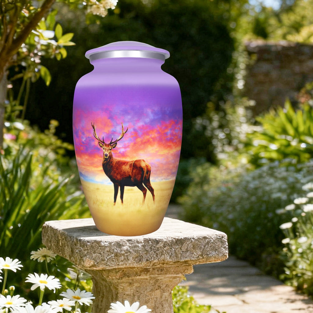 Burial urns standing among garden blooms, purple sky and deer scene celebrating a beloved husband's journey