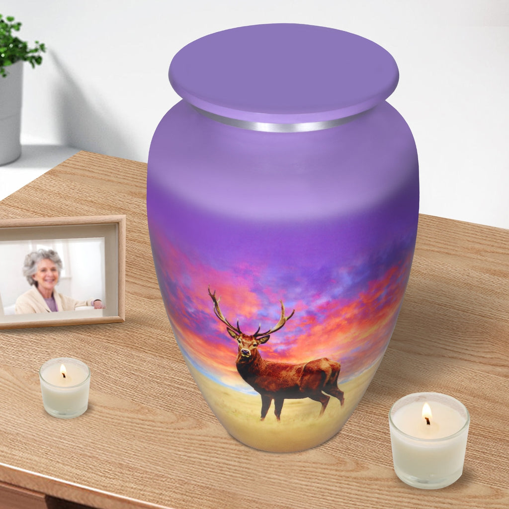 Decorative urns resting beside candles, peaceful wildlife artwork bringing comfort after a mother's farewell