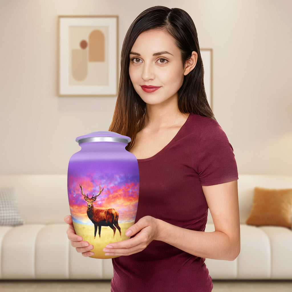 Cremation urns for adults presented with pride, honoring a cherished loved one through graceful deer imagery