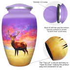 Funeral urn revealing a secure screw lid, vivid purple horizon and majestic stag crafted in aluminum