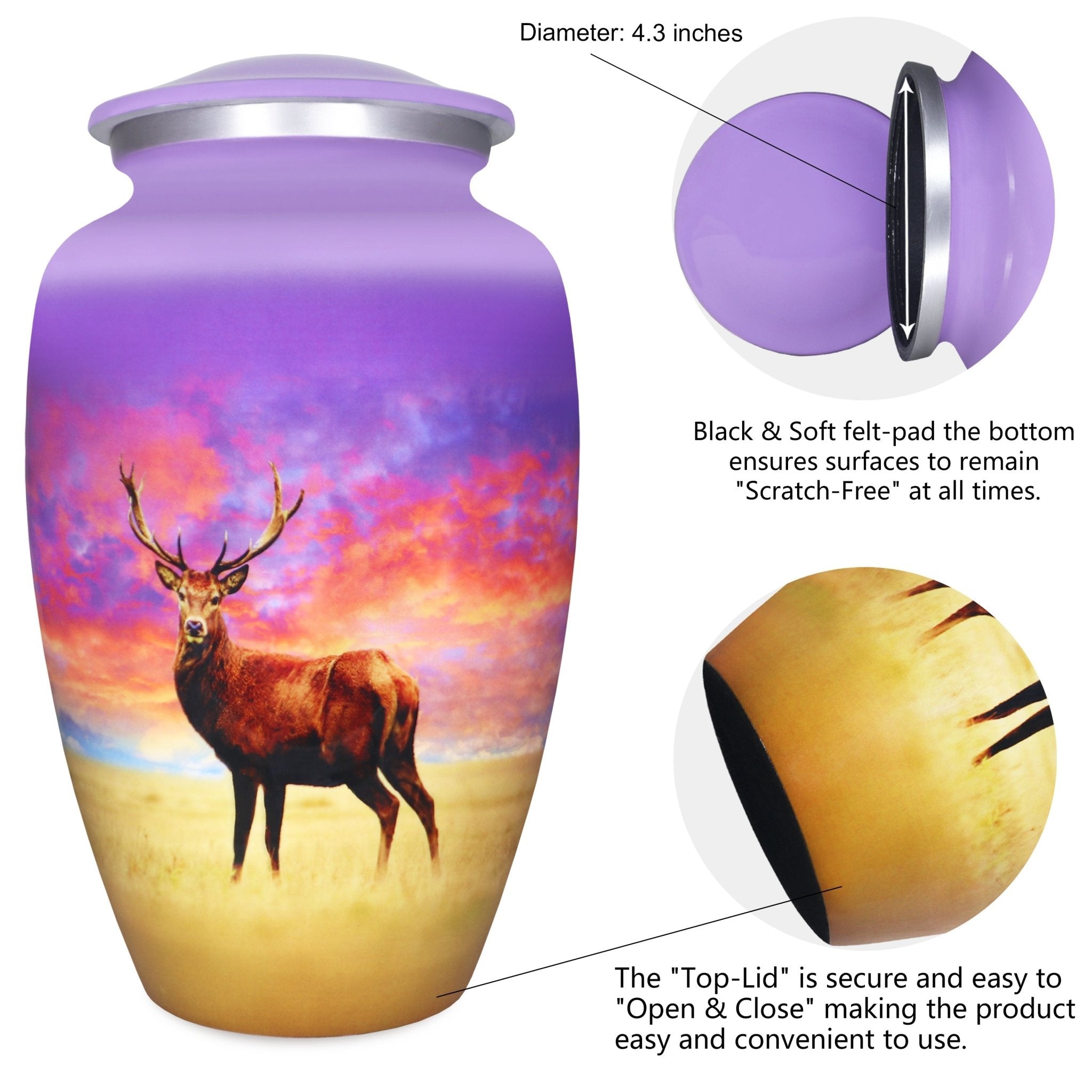 Funeral urn revealing a secure screw lid, vivid purple horizon and majestic stag crafted in aluminum