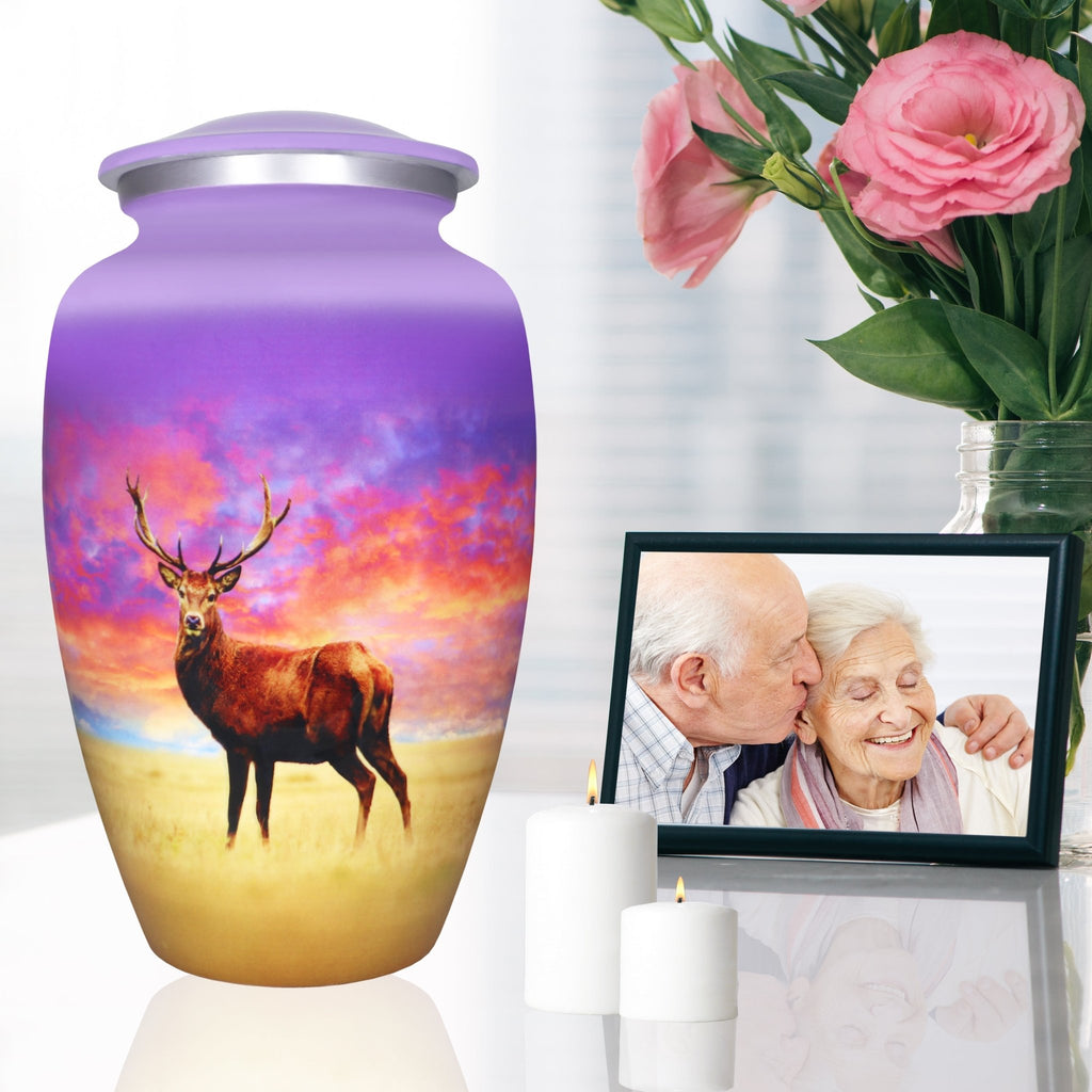 Urns for cremated remains displayed with roses and family portrait, remembering a devoted wife with warmth