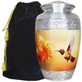 Sunlit amber hummingbird cremation urns with engraved silver band, full size aluminum urn with velvet pouch for beloved mom