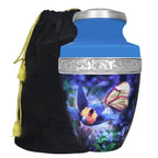 Butterfly urns for ashes adults with blue floral artwork, aluminum memorial for father, threaded lid and storage pouch