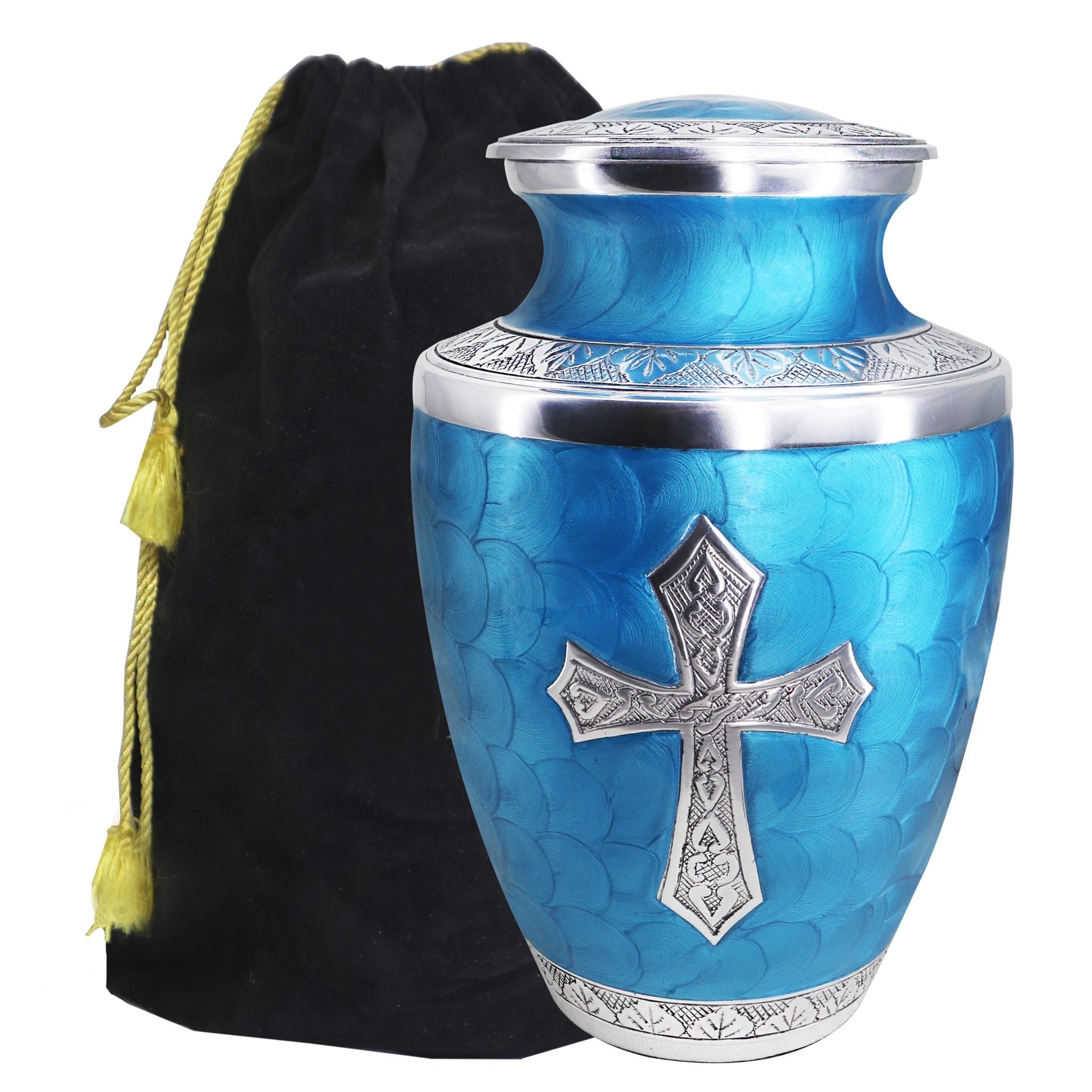 Turquoise urns for human ashes adult with engraved cross, aluminum vessel for father, threaded lid and storage pouch