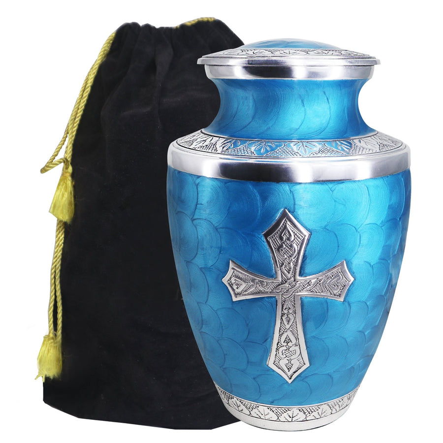 Engraved urns for ashes in turquoise with silver cross, large adult aluminum memorial urn and black velvet storage bag