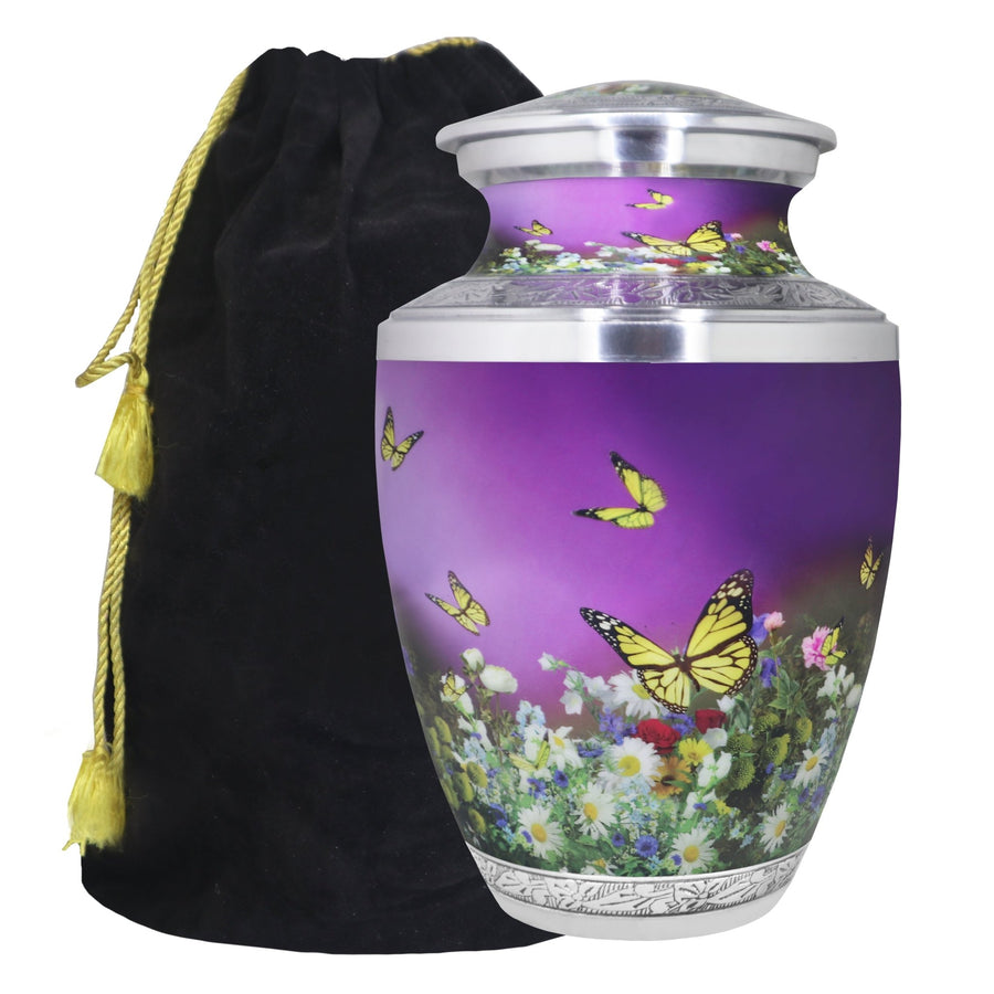 Purple urn for ashes with butterfly floral artwork, silver engraved bands, adult aluminum cremation urn and black velvet bag