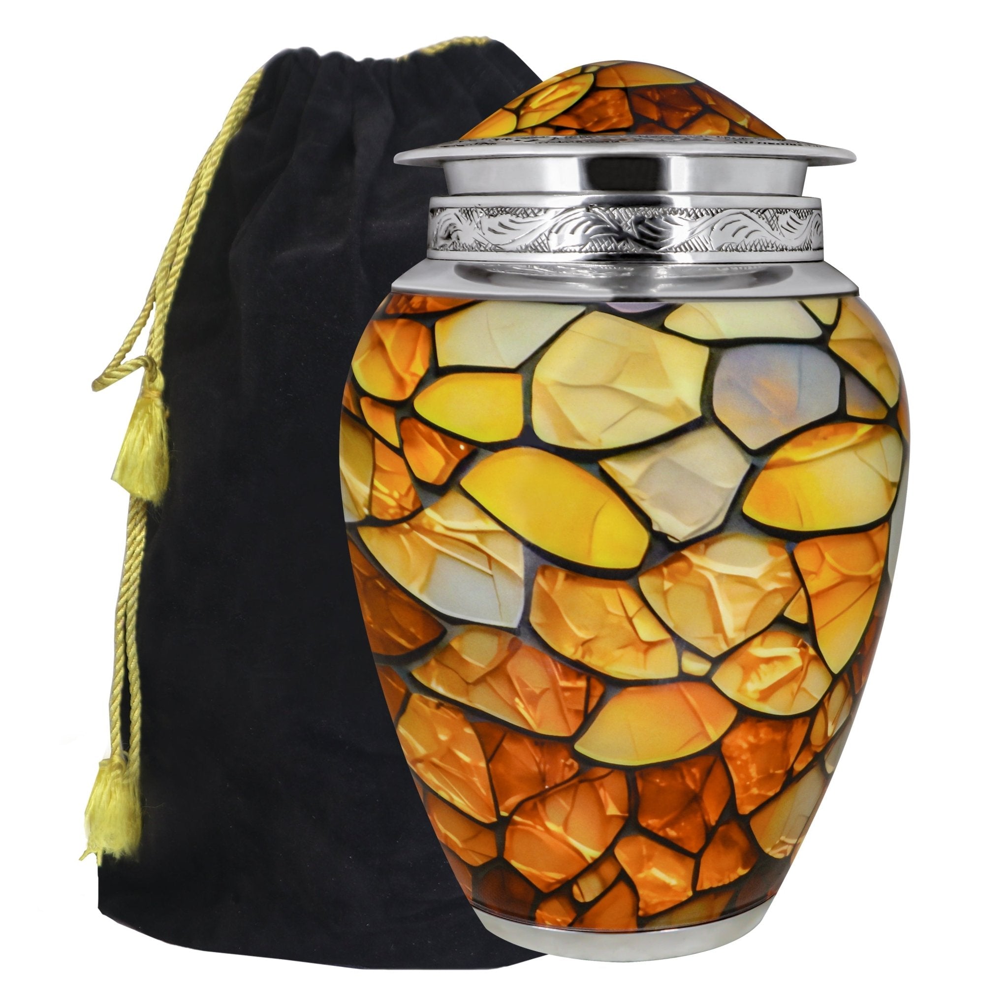 Urns for human ashes showcasing warm amber gemstone art, honoring a beloved father with a matching storage pouch