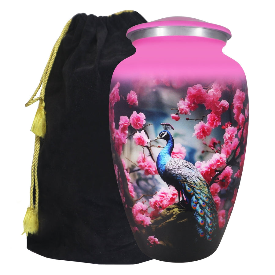 Peacock urn for ashes with pink floral artwork, large adult aluminum memorial urn with velvet bag and threaded lid