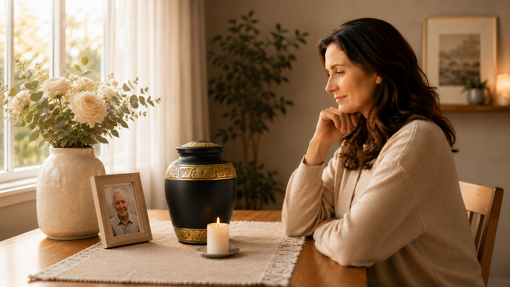 Warm family remembrance setting with black cremation urn, framed photograph, flowers and candle