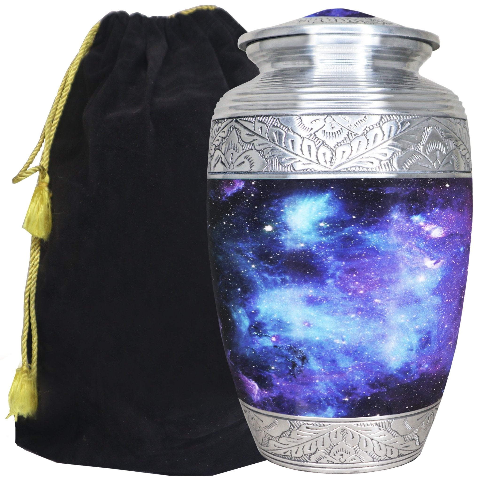 Silver aluminum cremation urns for human ashes, engraved blue cosmic galaxy adult urn with velvet storage pouch