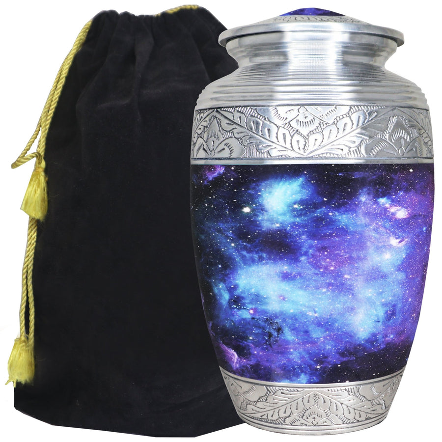 Blue cremation urns with cosmic galaxy artwork, engraved silver bands and a black velvet storage bag