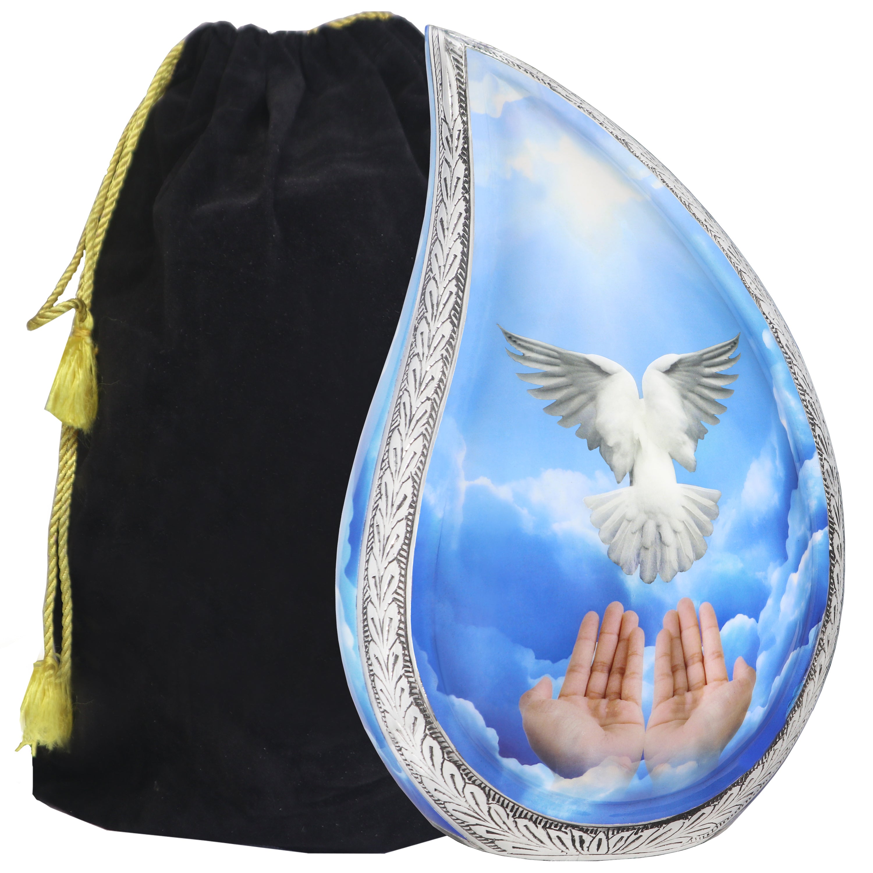 Blue sky dove aluminum tear drop urns for human ashes adults with engraved silver trim and velvet drawstring pouch