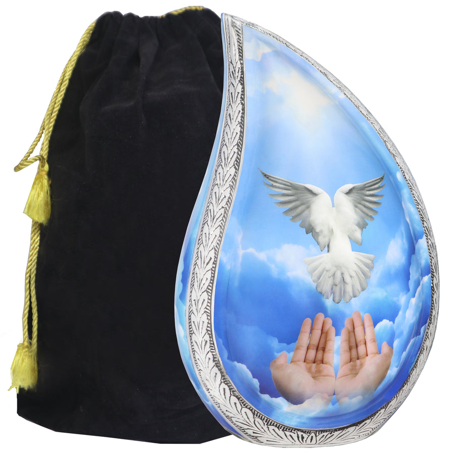 Blue dove urn for ashes with tear drop shape, adult aluminum cremation urn with engraved silver trim and black velvet pouch