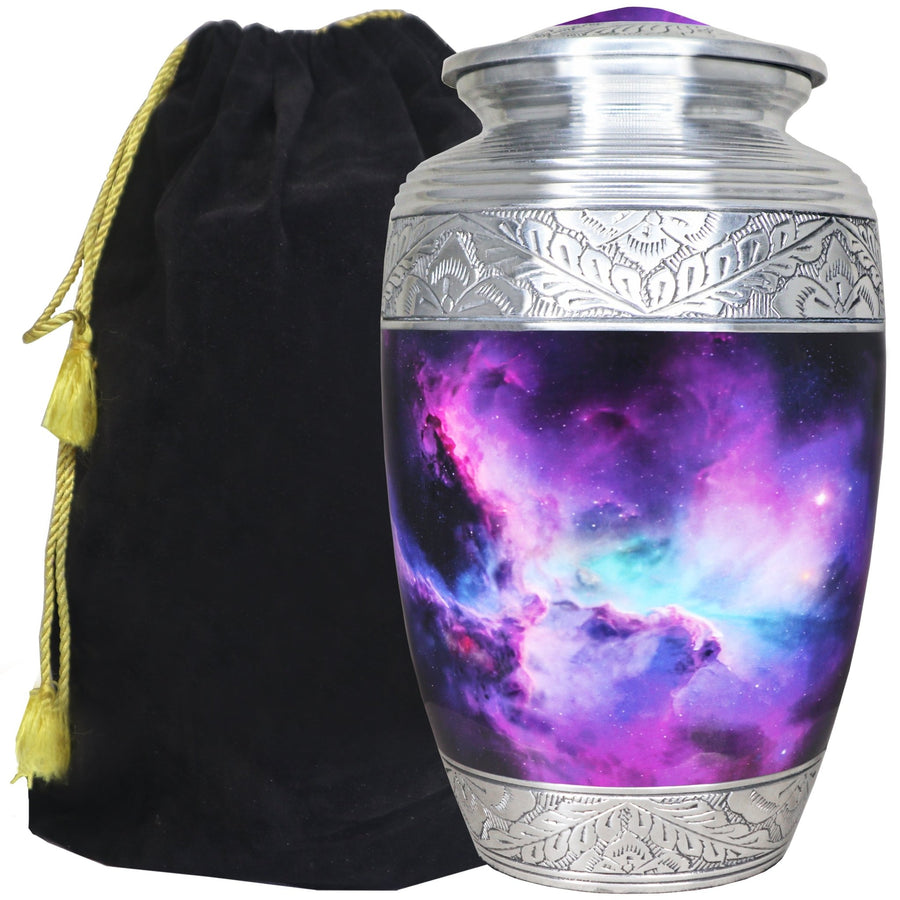 Purple urns for human ashes with cosmic galaxy artwork, engraved silver bands and a black velvet storage bag