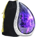 Amethyst urn with purple cosmic galaxy artwork, sculptural teardrop shape and black velvet storage bag