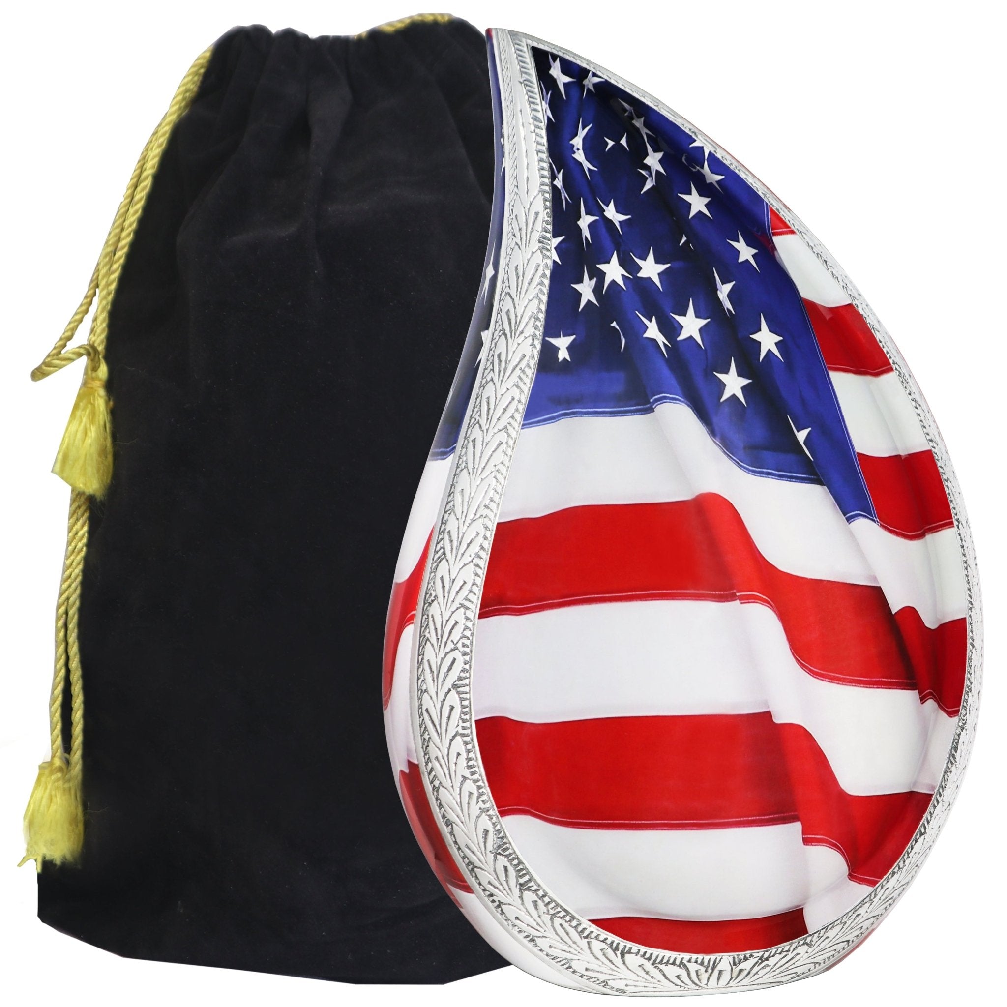 Patriotic US flag aluminum teardrop cremation urns for human ashes with engraved trim and velvet storage pouch