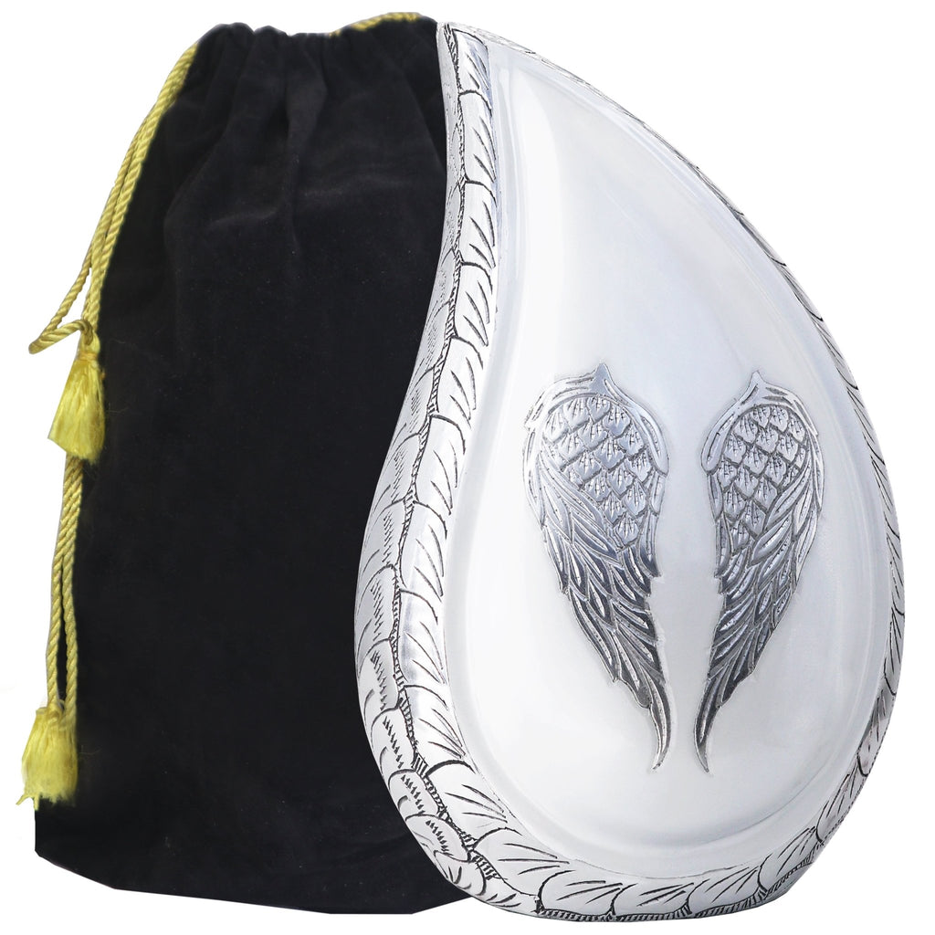 White engraved angel wing aluminum tear drop urns for human ashes adults with black velvet drawstring storage pouch
