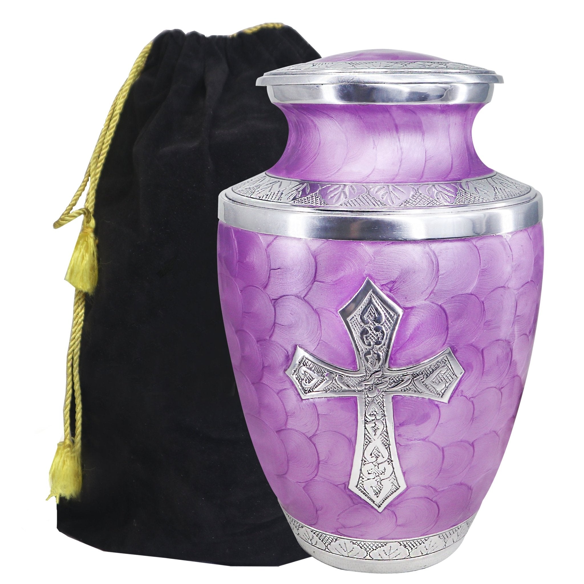 Purple urns for human ashes with engraved cross, aluminum memorial vessel for father, threaded lid and storage pouch