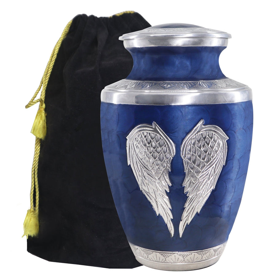 Urns with angel wings in dark blue, engraved silver feather detail, large adult aluminum urn with black velvet storage bag