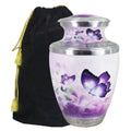 Large purple urn with butterflies for father, engraved trim aluminum cremation container with velvet storage bag