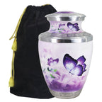 Large purple urn with butterflies for father, engraved trim aluminum cremation container with velvet storage bag