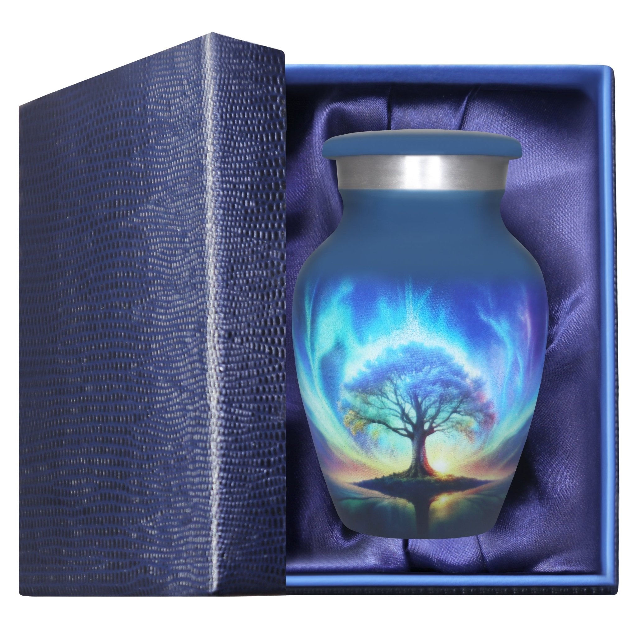 Keepsake urns with a blue Tree of Life and cosmic galaxy in a gift box, a treasured ashes keepsake for mom