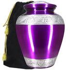 Glossy violet engraved band aluminum cremation urns for human ashes, gentle keepsake pouch to honor your beloved mother