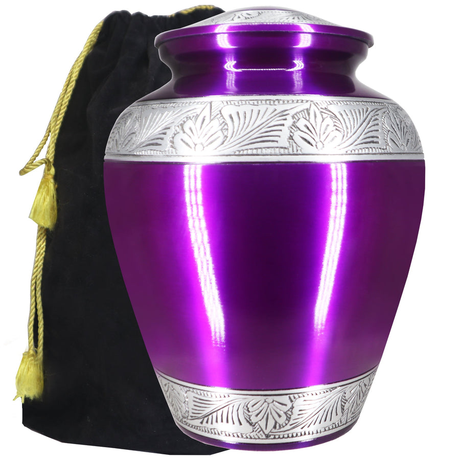 Purple urns for human ashes in glossy purple and silver, full-size aluminum memorial urn with black storage bag