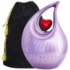 Front view of purple teardrop heart cremation urn for human ashes, elegant metal memorial urn with smooth finish