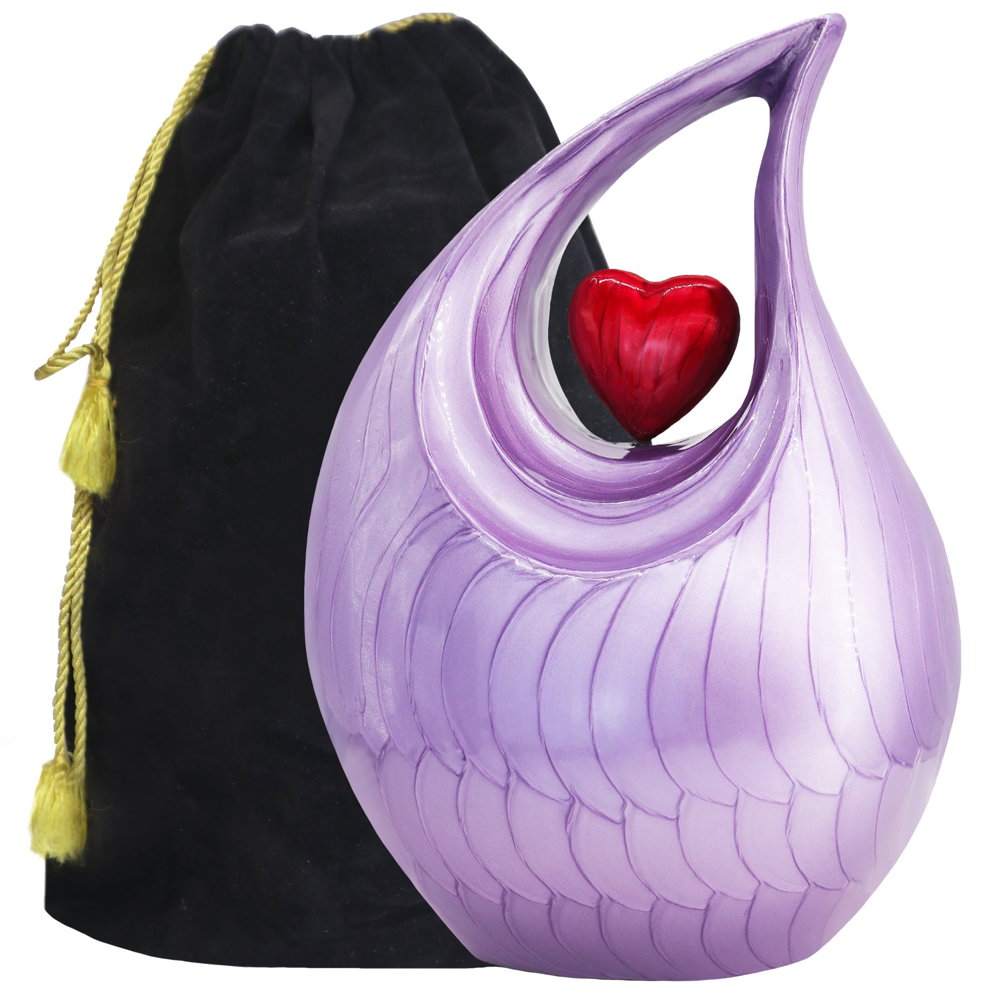 Front view of purple teardrop heart cremation urn for human ashes, elegant metal memorial urn with smooth finish