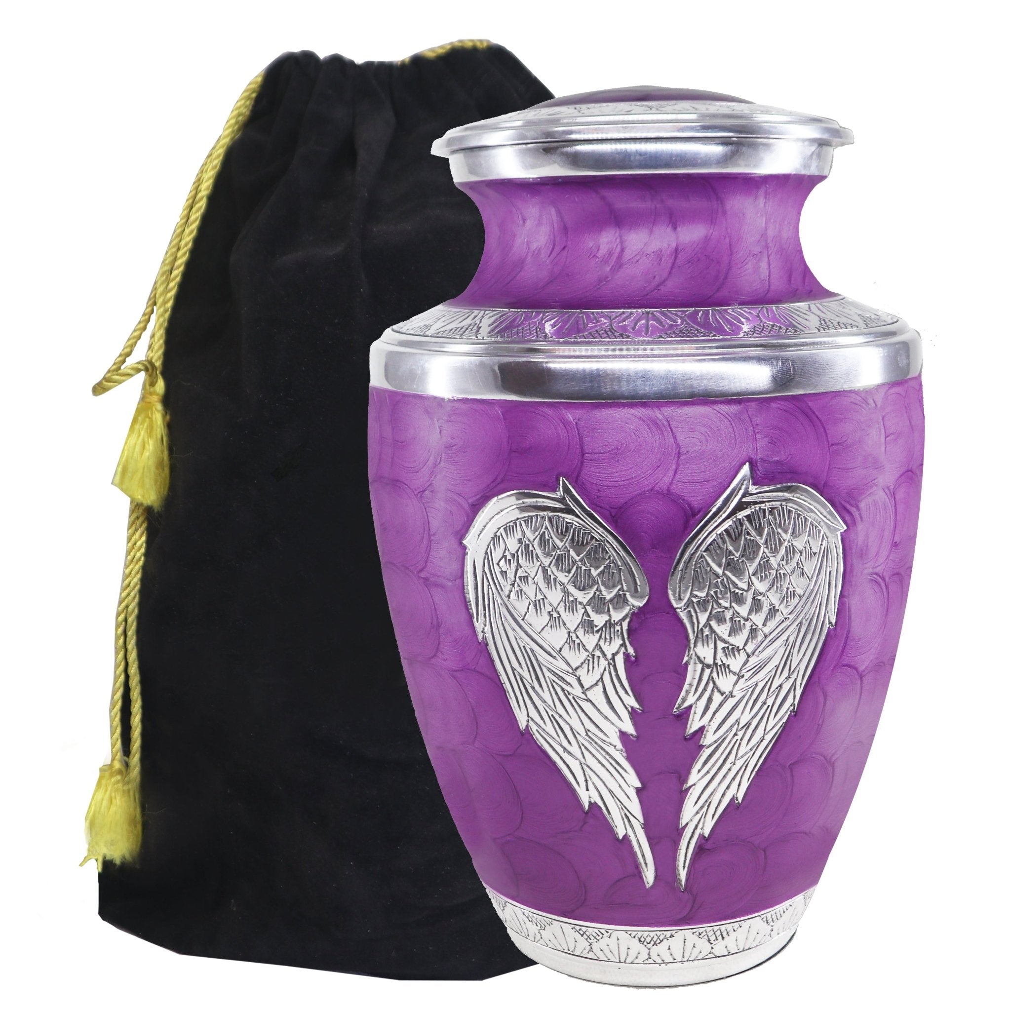 Large purple hand-engraved angel urns for ashes for beloved wife, funeral adult urn with velvet storage bag