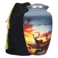 Gray deer urn for ashes with woodland sunset artwork, large adult aluminum memorial urn with black velvet storage bag
