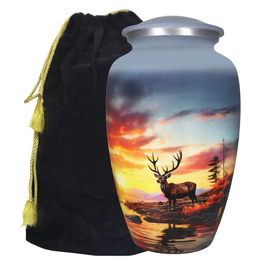 Gray deer urn for ashes with woodland sunset artwork, large adult aluminum memorial urn with black velvet storage bag