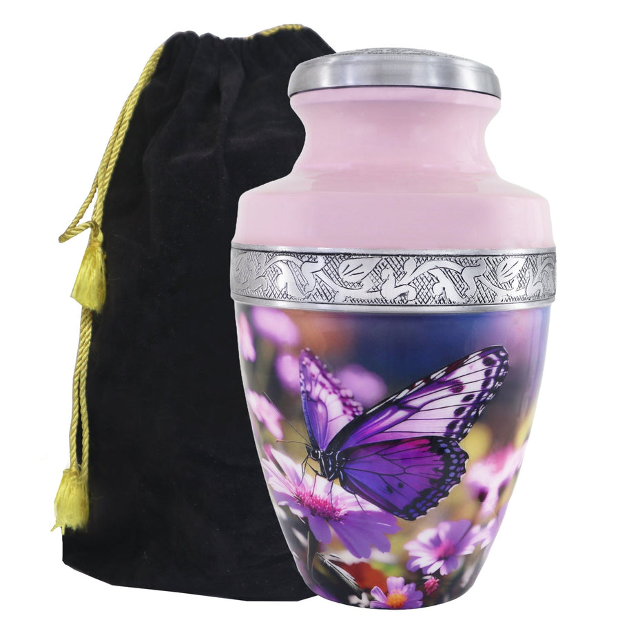 Purple floral urn for ashes with butterfly artwork, engraved detailing and black velvet storage bag