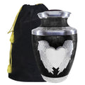 Large black hand-engraved heart & angel wing cremation container for father, aluminum urn with velvet pouch